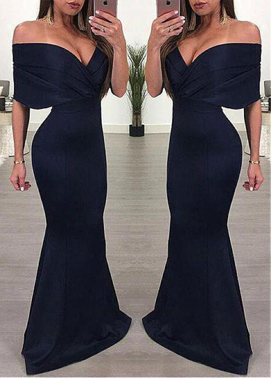 shoulder Navy Blue Mermaid Evening Dress